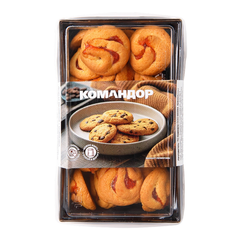 Печенье бисквитное с клубничной начинкой 300г контейнер Командор