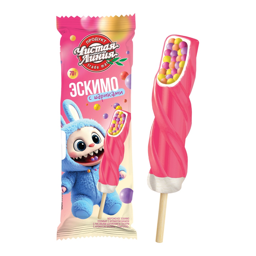 Мороженое Чистая линия Пломбир ванильный с рисовыми шариками в глазури с малиной Спиролло 70г