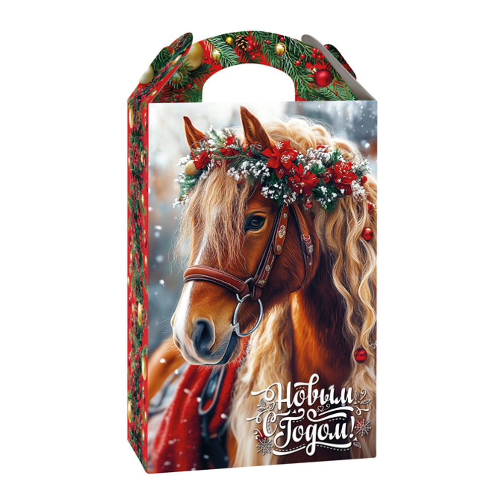 Подарок новогодний Краскон 97К С изображением лошадки с рождественским венком 1000г карт/уп