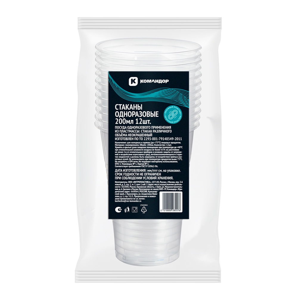 Набор одноразовой посуды Командор стаканы 200мл 12шт