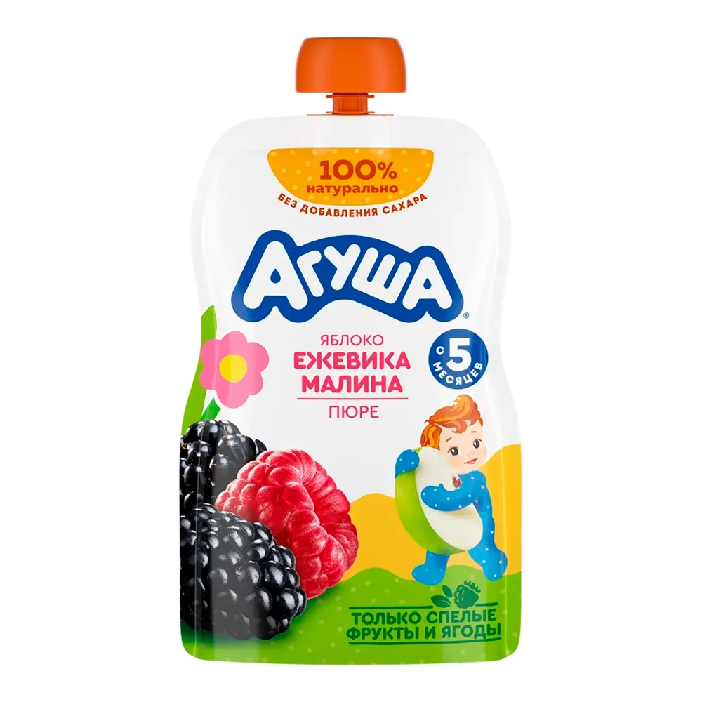 Дет пит Агуша Пюре из яблока, ежевики и малины с 6мес 90г дой-пак