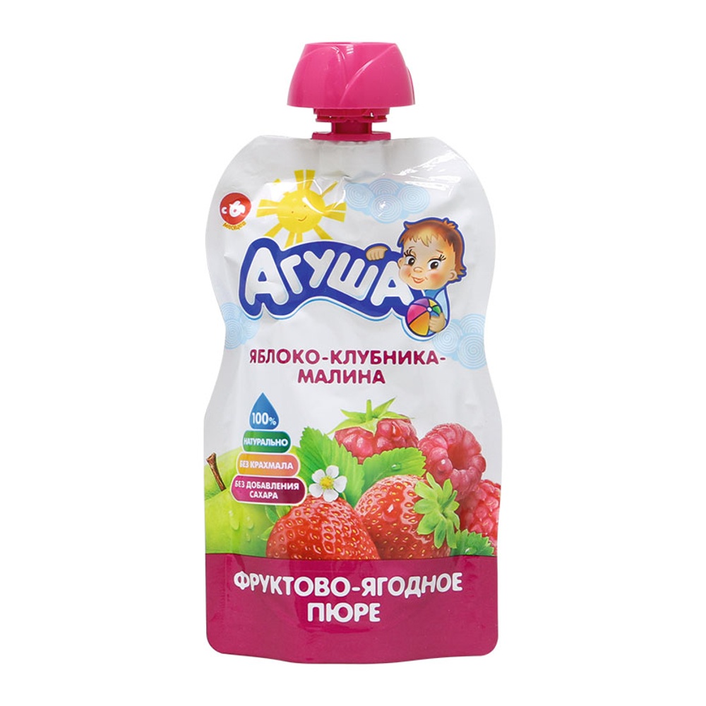 Дет пит Агуша Пюре из яблока, клубники и малины с 6мес 90г дой-пак