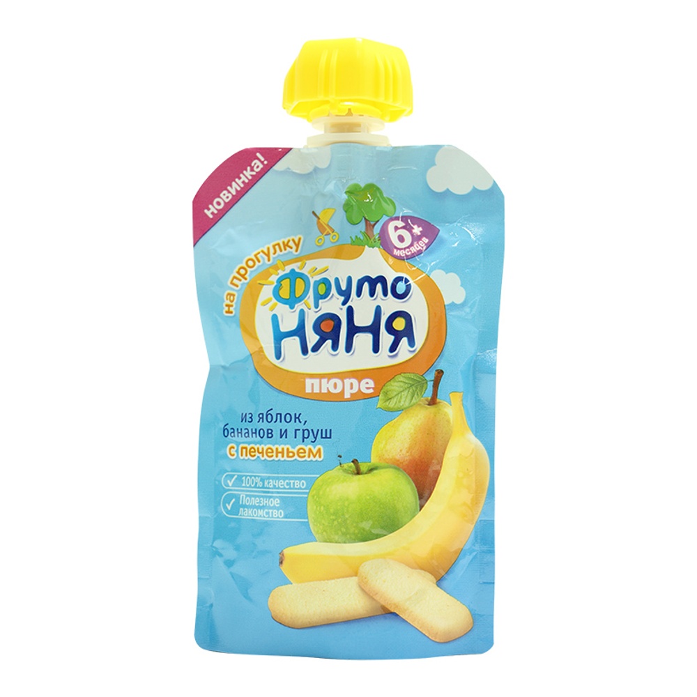 Дет пит Фрутоняня Пюре яблочно-банановое с грушей и печеньем с 6мес 90г дой-пак