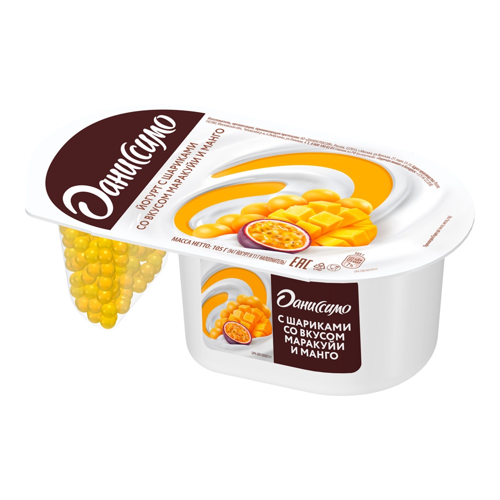 Йогурт Даниссимо Фантазия 6,9% 105г хрустящие шарики со вкусом манго и маракуйи